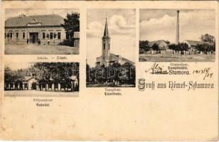 1913 Alsósztamora, Németsztamora, Stamora Germana (Temes); iskola, templom, gőzmalom, vasútállomás. Dajkovits J. utóda kiadása / school, church, mill, railway station (EK)