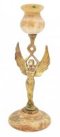Ónix-fém figurális angyalos gyertyatartó, kis kopással, m: 23 cm