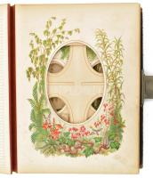 Monogramos régi bőr fotóalbum, litografált díszítésekkel a táblákon, a borító kopott, a táblákon sér...