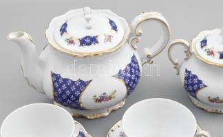 Zsolnay lila virág mintás teás készlet. Hat személyes, matricás, jelzett, hibátlan
