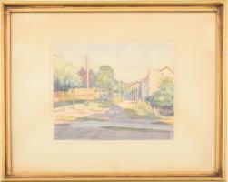 Kunwald Cézár (1870-1947). Napfényes utca, 1930. Akvarell, papír, jelzett. Üvegezett fakeretben. 17,5x22 cm