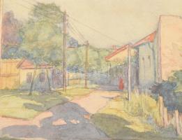 Kunwald Cézár (1870-1947). Napfényes utca, 1930. Akvarell, papír, jelzett. Üvegezett fakeretben. 17,...