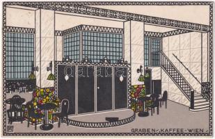 1915 Graben Kaffee Wien / café interior in Vienna, Wiener Werkstätte style art postcard (Rb)