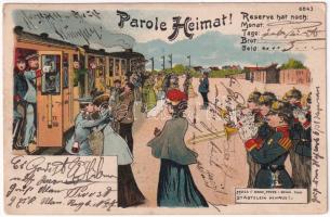 1907 Parole Heimat! / German military art postcard, farewell at the railway station, train. litho (EK)