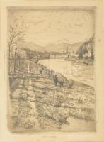 Lénárd Lévy Róbert (1879-1936): Vízparti táj. Rézkarc, papír. Jelzett. 15,5x11,5 cm. Üvegezett faker...