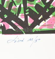 Oláh György (?-?): Reggeli kert. Linó, papír, 11/50, kisebb gyűrődésekkel, felcsavarva, jelzett, 83×...