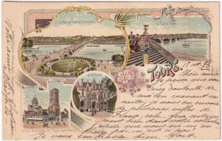 1898 (Vorläufer) Tours, Le Pont de Pierre et la Tranchée, Hotel Gouin, La Tour Charlemagne et i Église Saint-Martin / bridge, hotel, tower, church. Art Nouveau, floral, litho