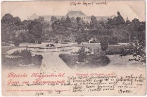 1900 Nagyszeben, Hermannstadt, Sibiu; Erlenpark mit Springbrunnen, K.u.K. Garnison-Spital / Osztrák-magyar helyőrségi kórház és az Erlen park, szökőkút. F. Binder kiadása / Austro-Hungarian K.u.K. military garrison hospital with park and fountain (lyuk / pinhole)