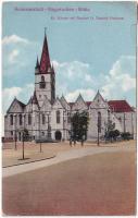 1916 Nagyszeben, Hermannstadt, Sibiu; Ev. Kirche mit Bischof D. Teutsch Denkmal / Evangélikus templom, Teutsch püspök szobra. Emil Fischer Hofphotograph / Lutheran church, statue, monument (szakadás / tear)