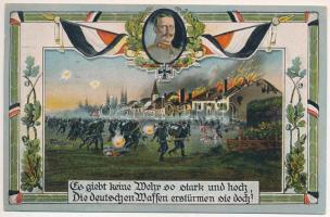 1916 Es giebt keine Wehr so stark und hoch, die deutschen Waffen erstürmen sie doch! / WWI German military art postcard, patriotic propaganda with Wilhelm II, flags (EK)