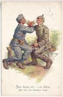 1916 Zwei Herzen und - ein Schlag für den, der kommen mag! / WWI German and Austro-Hungarian K.u.K. military art postcard, Viribus Unitis propaganda. M. Munk Wien Nr. 1030. s: Kuderna (Rb)