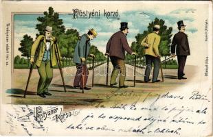 1906 Pöstyén, Piestany; korzó. Humoros lap fürdővendégek javulásával / corso. Humorous postcard with healing phases of a spa guest. Gipsz H. litho (EB)