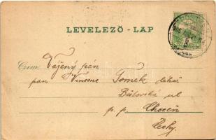 1906 Pöstyén, Piestany; korzó. Humoros lap fürdővendégek javulásával / corso. Humorous postcard with...