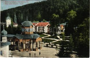 Bártfa, Bártfafürdő, Bardejovské Kúpele, Bardiov, Bardejov; Főforrás, Római katolikus templom, villák. Rosenfeld Salamon kiadása / spa, spring source, Catholic church, villas (r)