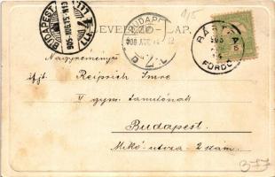 1905 Bártfa, Bártfafürdő, Bardejovské Kúpele, Bardiov, Bardejov; Templom tér és az Orvos-forrás. Esc...