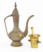 2 db réz tárgy: mini mozsár m: 5 cm, Keleti kávé kiöntő 20 cm