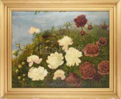 Ferenczy Valér jelzéssel. Labdarózsák. Olaj, vászon. jelzett, kissé sérült fa keretben. 70x100 cm