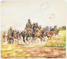Fluck Béla (1889-?): Huszárok. Akvarell, papír, Jelzett 20x18 cm