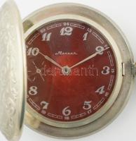 Molnija szovjet fémtokos zsebóra, másodpercmutatós, működő, jó állapotban, d: 42 mm Fém lánccal