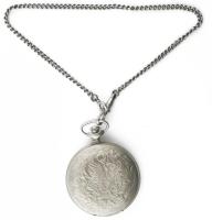 Molnija szovjet fémtokos zsebóra, másodpercmutatós, működő, jó állapotban, d: 42 mm Fém lánccal