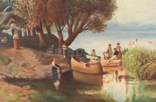 Olvashatatlan (Baschán?) jelzéssel, Mészöly Géza után: Balatoni halásztanya. Olaj, vászon. Dekoratív...