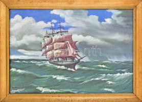 Olvashatatlan jelzéssel: Vitorlás. Olaj, vászon. Dekoratív, kissé sérült fakeretben. 38x55 cm