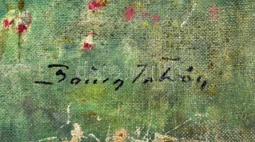 Bauer István (-), XX. sz. első fele/közepe: Virágokat szedő nő. Olaj, vászon, jelzett, kissé sérült,...