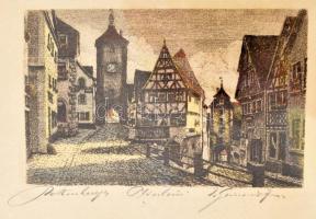 Olvashatatlan jelzéssel: Rothenburg ob der Tauber. Színezett rézkarc, papír. Üvegezett fakeretben, 9x13,5 cm