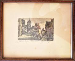 Olvashatatlan jelzéssel: Rothenburg ob der Tauber. Színezett rézkarc, papír. Üvegezett fakeretben, 9...