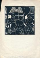 Heiling György (1939-2014): Napozók. Linómetszet, papír, jelzett, lapszéli apró szakadással, 14,5x15,5 cm