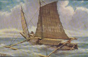 Fülöp-szigeteki hajó támasztókarokkal, Marine Galerie Karte Nr. 165. s: Chr. Rave, Ship with outriggers from the Philippines, Marine Galerie Karte Nr. 165. s: Chr. Rave