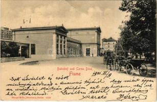 1901 Fiume, Rijeka; Bahnhof und Corso Deák / vasútállomás, Quarnero szálloda lovaskocsija / railway station, horse chariot of Hotel Quarnero (fa)