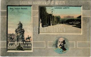 1909 Wien, Vienna, Bécs; Marie Theresia Monument, Schönbrunn Gloriette, Kaiser Franz Josef I. / statue, castle. Art Nouveau