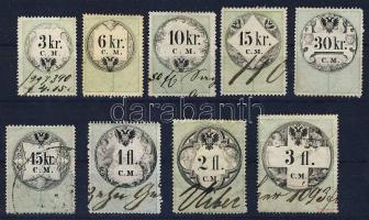 1854 3, 6, 10, 15, 30, 45kr 1, 2, 3fl 9 db bélyeg