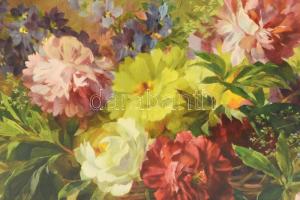 Dekoratív, üvegezett, kissé sérült képkeret csendélet nyomattal, belső méret: 45x60 cm