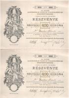 Aszód 1922. "Az Aszódi Kereskedelmi Bank és Takarékpénztár Részvénytársaság" két darab, névre szóló részvénye egyben, összesen 400K-ról, szárazbélyeggel, szelvényekkel (2x) sorszámkövetők T:AU,XF