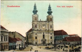 1905 Erzsébetváros, Dumbraveni; Római katolikus templom, piac a Fő téren, üzletek. Scholtes A. kiadása / church, market on the square