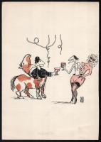 Rau Tibor (1934-2000): Meglepetés (erotikus karikatúra). Tus, akvarell, papír. Jelzett. 31x22 cm.