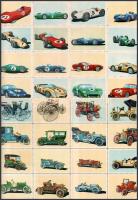 cca 1970 60 db autós gyűjtőkép hátoldalt a kocsik adataival, bélyeg formában, ívekben 34x23 cm