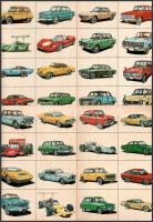 cca 1970 60 db autós gyűjtőkép hátoldalt a kocsik adataival, bélyeg formában, ívekben 34x23 cm