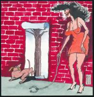 Rau Tibor (1934-2000): Kutyadolog (karikatúra). Tus, akvarell, papír. Jelzett. Lap széle sérült. 15x15 cm.
