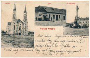 1908 Vinga, templom, Szentháromság szobor, Rothmüller Miklós üzlete. Nagybaczoni Nagy Vilmos levele kiskatona korából feleségének Nagy Zelmának / church, Trinity statue, shop