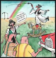 Rau Tibor (1934-2000): Turizmus '90 (karikatúra). Tus, akvarell, papír. Jelzett. Hátoldalán Ludas Matyi felirattal. 22,5x21,5 cm.