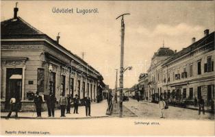 Lugos, Lugoj; Széchenyi utca, Neuberger és Strasser kávéházak. Auspitz Adolf kiadása / street, cafe shops
