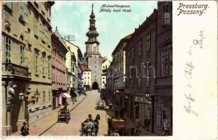 1902 Pozsony, Pressburg, Bratislava; Mihály kapu utca / Michaelthorgasse / street view. Heliocolorkarte von Ottmar Zieher (EK)