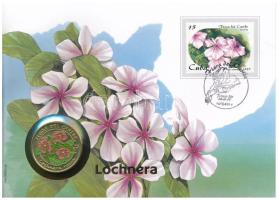 Kuba 1997. 1P Ni-acél "Flora del Caribe -Lochnera rosea" érmés borítékban, bélyegzéssel, német nyelvű leírással T:UNC Cuba 1997. 1 Peso Ni-Steel "Flora del Caribe - Lochnera rosea" in envelope with stamp and cancellation, with german description C:UNC