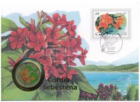 Kuba 1997. 1P Ni-acél "Flora del Caribe - Cordia sebestena" érmés borítékban, bélyegzéssel, német nyelvű leírással T:UNC Cuba 1997. 1 Peso Ni-Steel "Flora del Caribe - Cordia sebestena" in envelope with stamp and cancellation, with german description C:UNC