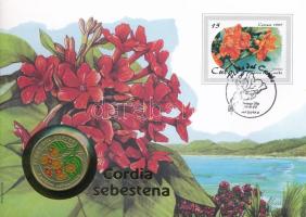 Kuba 1997. 1P Ni-acél &quot;Flora del Caribe - Cordia sebestena&quot; érmés borítékban, bélyegzéssel T:UNC Cuba 1997. 1 Peso Ni-Steel &quot;Flora del Caribe - Cordia sebestena&quot; in envelope with stamp and cancellation C:UNC