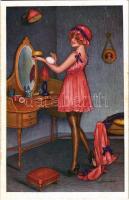 Cabinet de Toilette. Fantaisies trichromes. Paris, A. Noyer Serie No. 148. / French gently erotic lady art postcard s: Xavier Sager