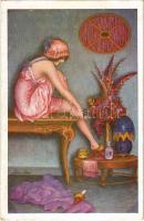 Cabinet de Toilette. Fantaisies trichromes. Paris, A. Noyer Serie No. 148. / French gently erotic lady art postcard s: Xavier Sager (EK)